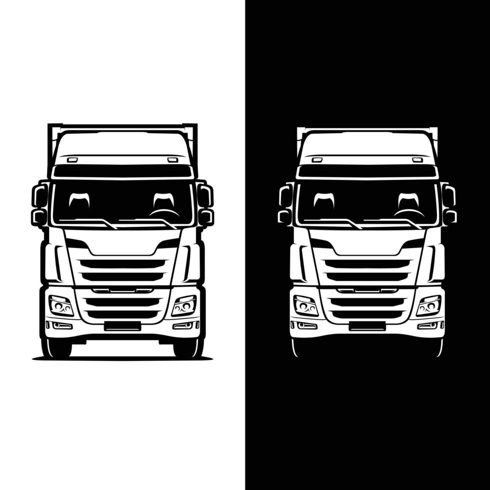 European semi truck 18 wheeler freight moving truck big rig front view illustration isolated. Black and white color concept vector