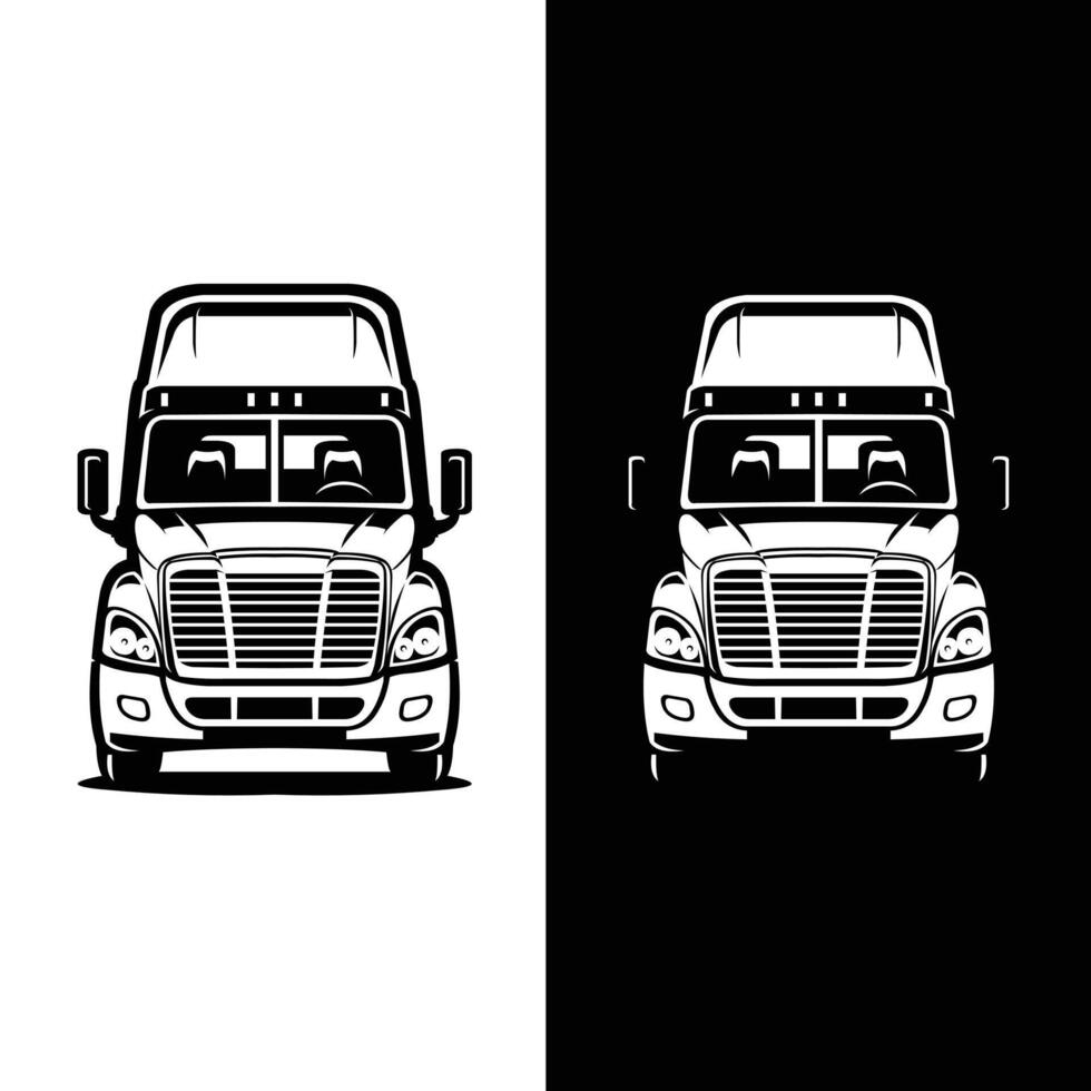 Semi truck 18 wheeler freight moving truck big rig front view illustration isolated. Black and white color concept vector