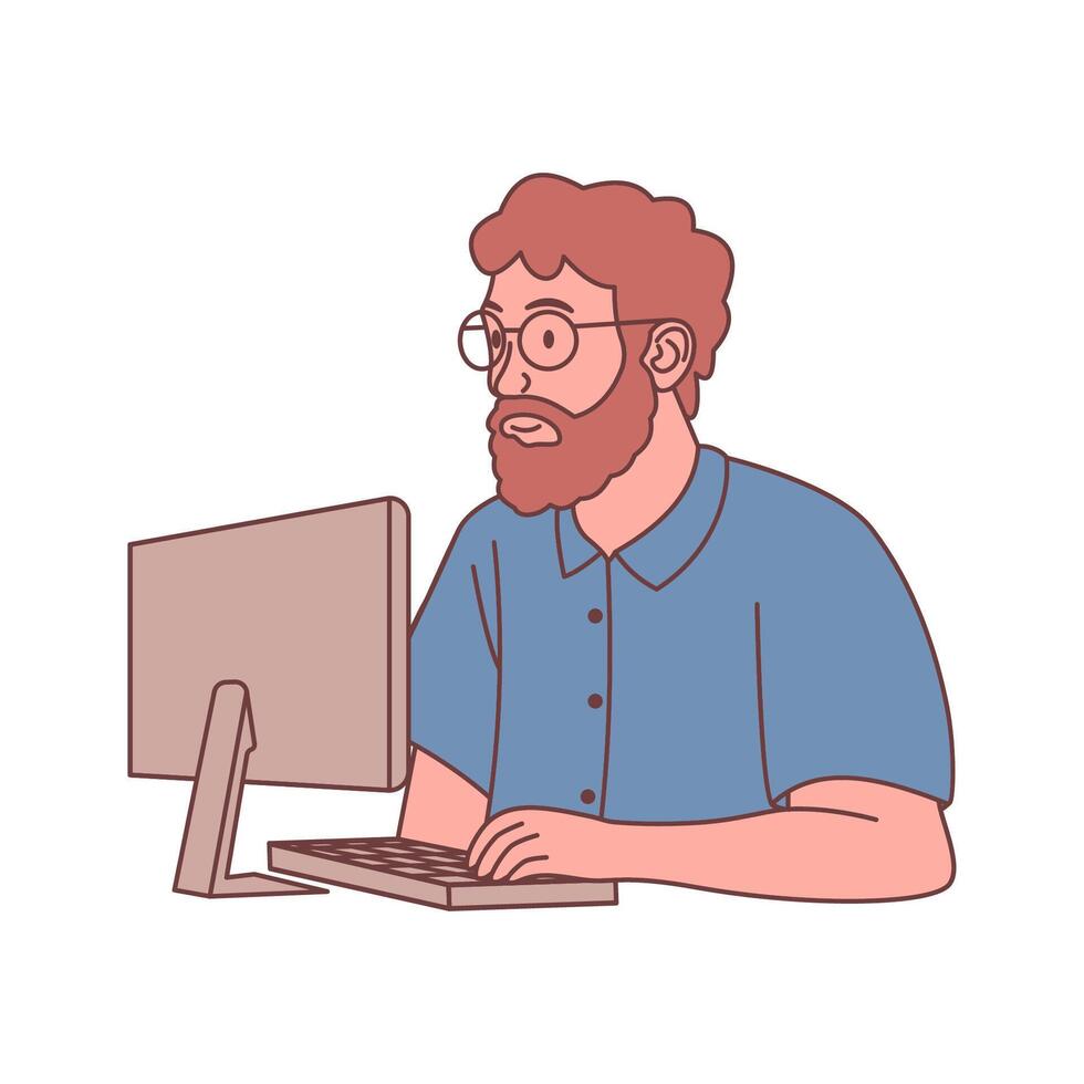Bearded Man Freelance Employee Character Wearing Glasses Working with Computer at Office vector