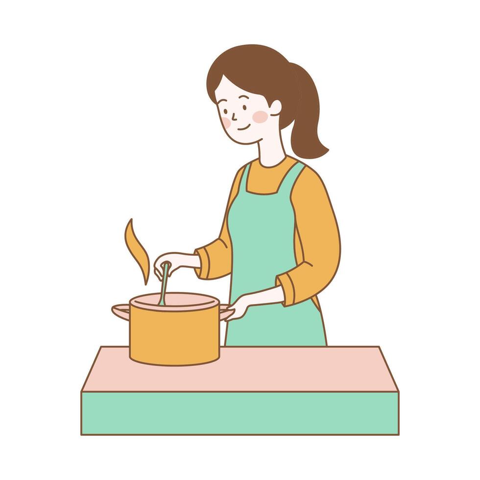 Illustration of Cute Girl Cartoon Character is Cooking with Pan in Kitchen vector
