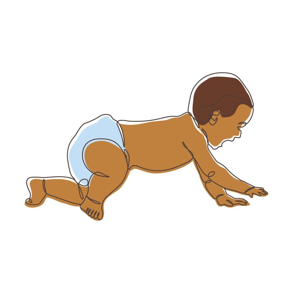 Cute Newborn Kid Baby Cartoon Character Crawling in Line Art Doodle Design vector