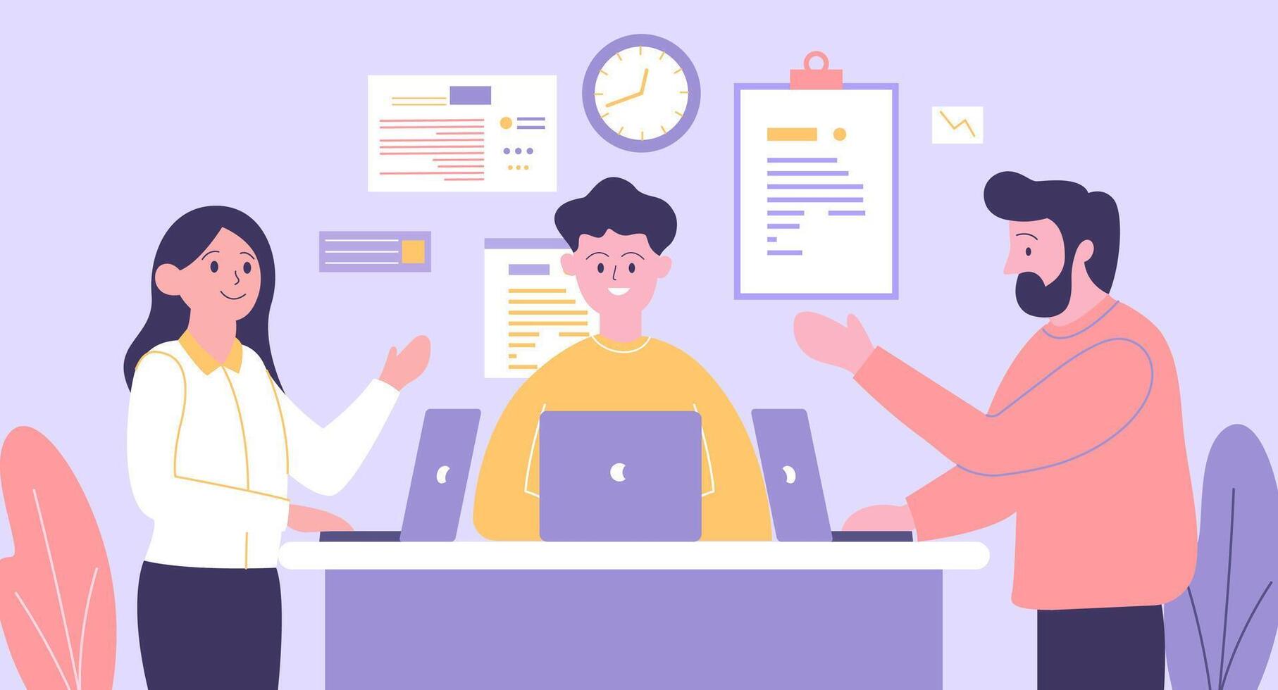 Flat Design Illustration of Teamwork Business Meeting at Company with Infographic on Screen vector