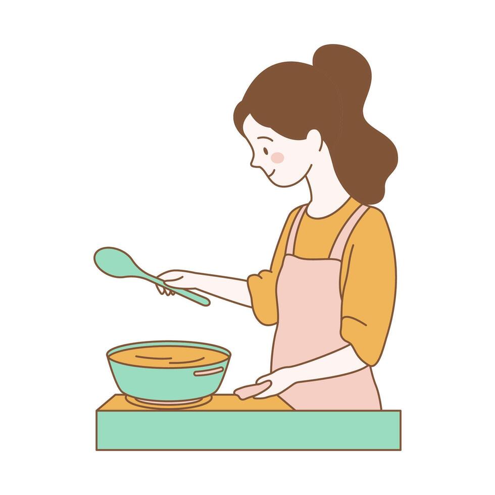 Cute Mother Mom Cartoon Character is Cooking with Pan in Kitchen vector