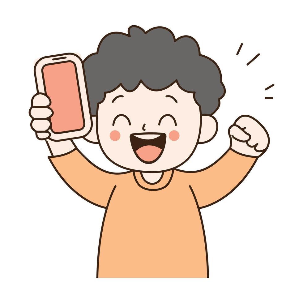 Funny Curly Haired Kid Boy Character Holding Gadget Handphone with Happy Expression vector