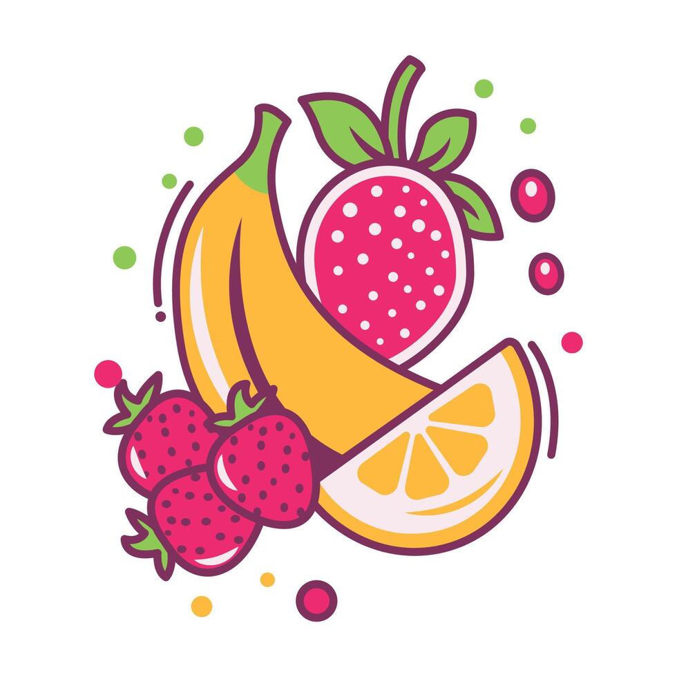 Colorful Fresh Tropical Fruits of Banana Strawberry Orange Healthy Food vector