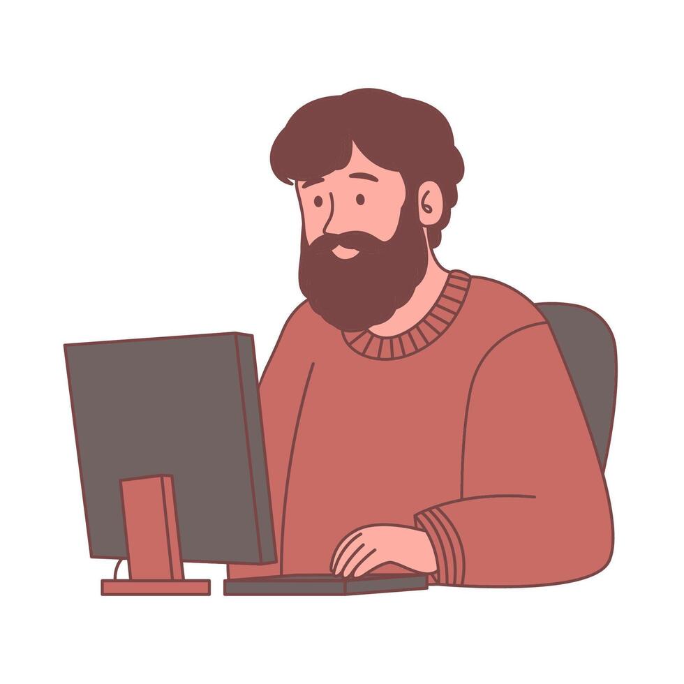 Bearded Man Freelance Staff Employee Cartoon Character Working with Computer vector