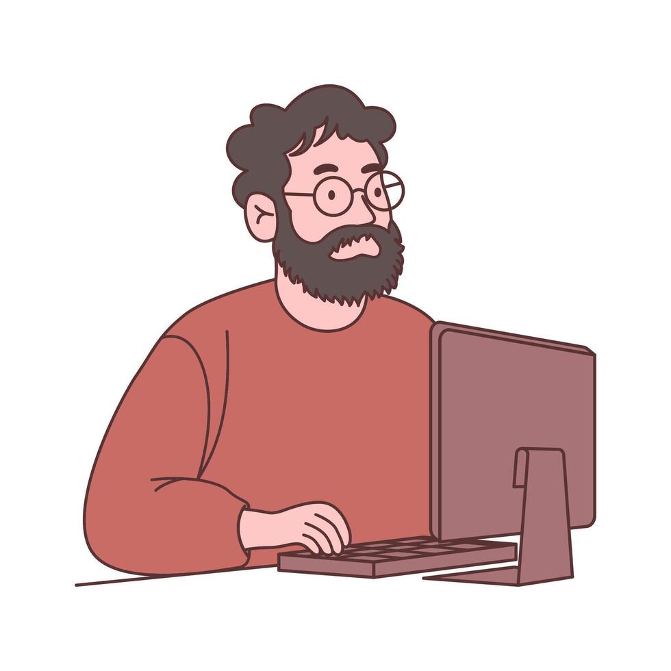 Bearded Male Freelance Employee Cartoon Character Wearing Glasses Working with Computer vector