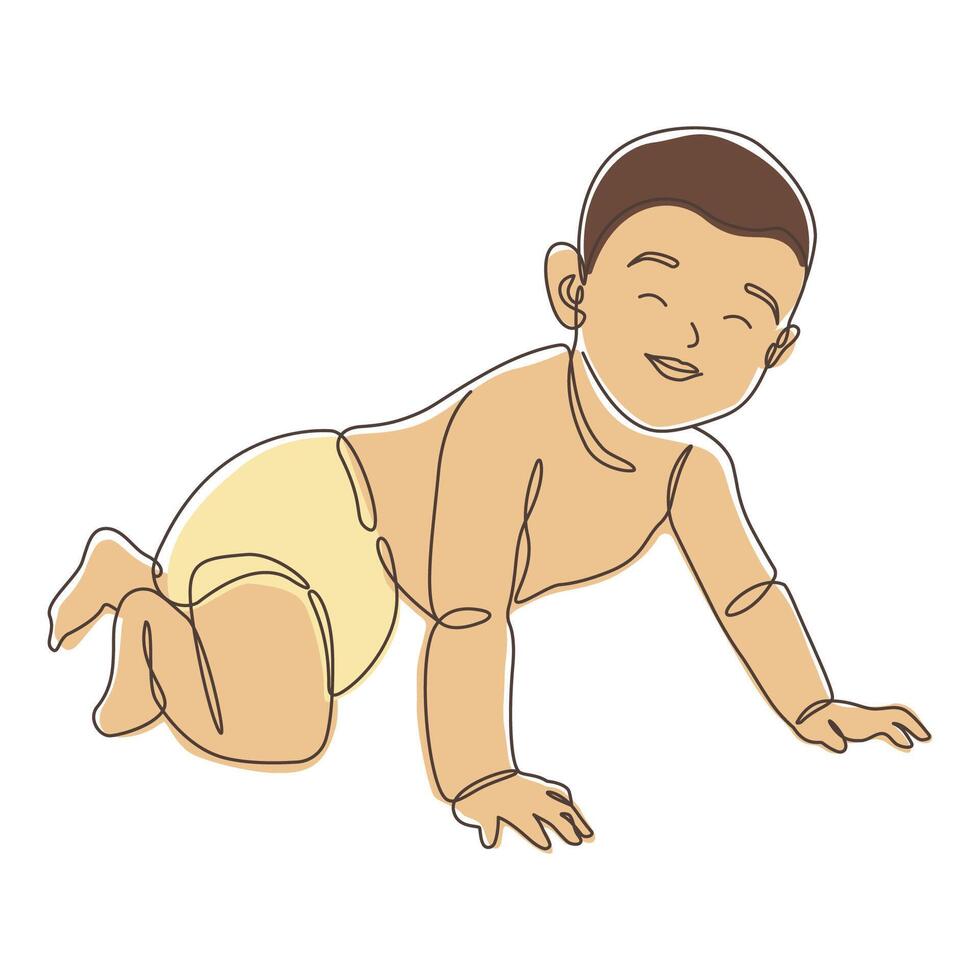 Adorable Newborn Baby Cartoon Character Crawling in Line Art Doodle Design vector