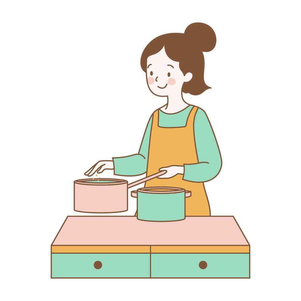 Mother Cartoon Character is Cooking with Pan in Kitchen vector
