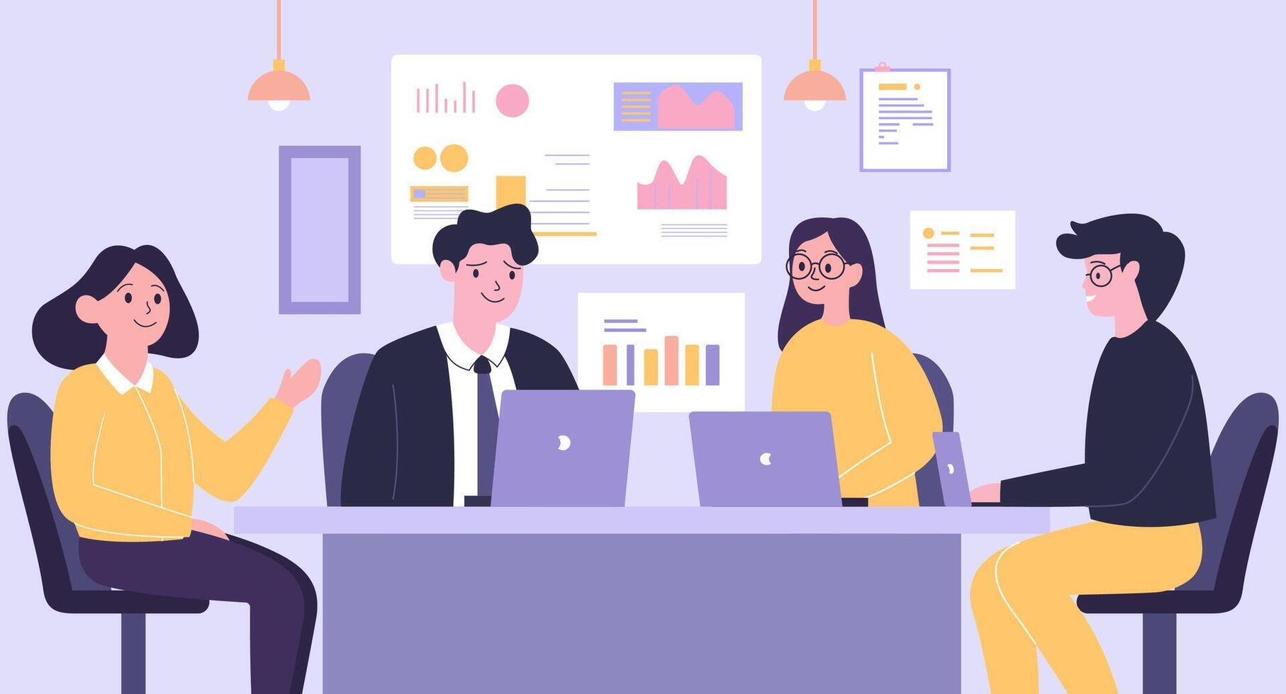 Flat Design Illustration of Teamwork Business Meeting at office with Financial Infographic on Screen vector