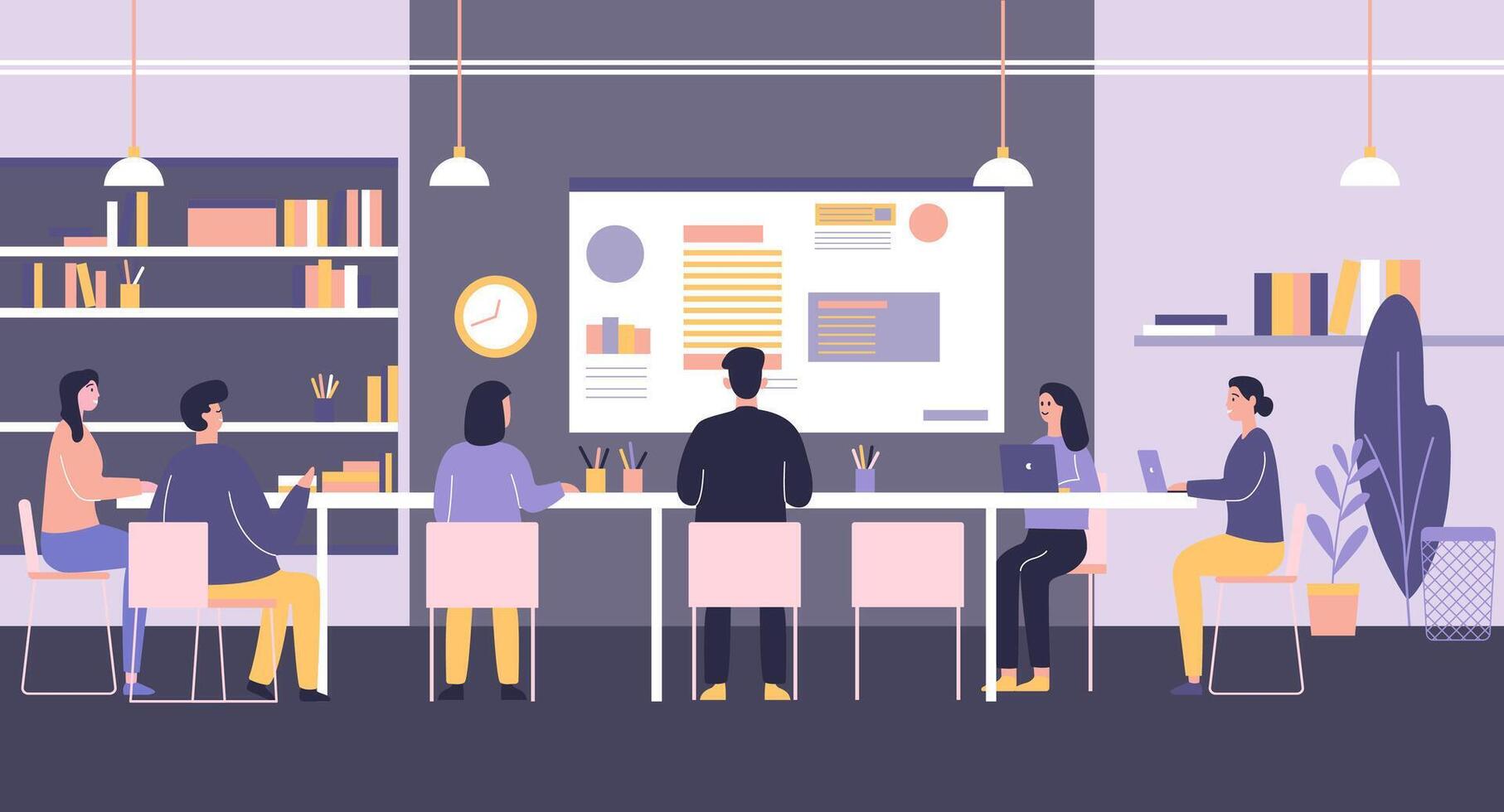 Flat Design Illustration of Group Business Meeting at office with Infographic on Screen vector