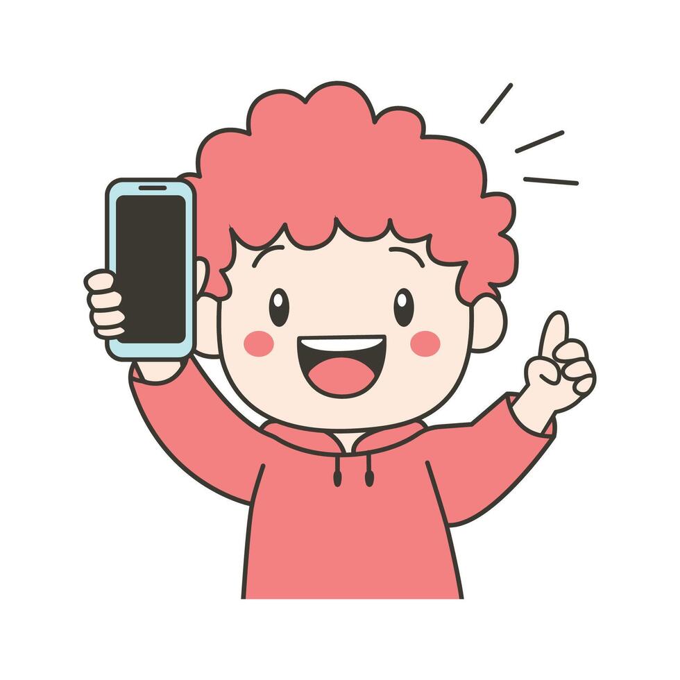 Cute Curly Haired Kid Boy Character Holding Smartphone with Happy Expression vector