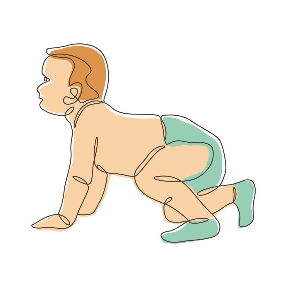 Cute Toddler Baby Cartoon Character Crawling in Line Art Doodle Design vector