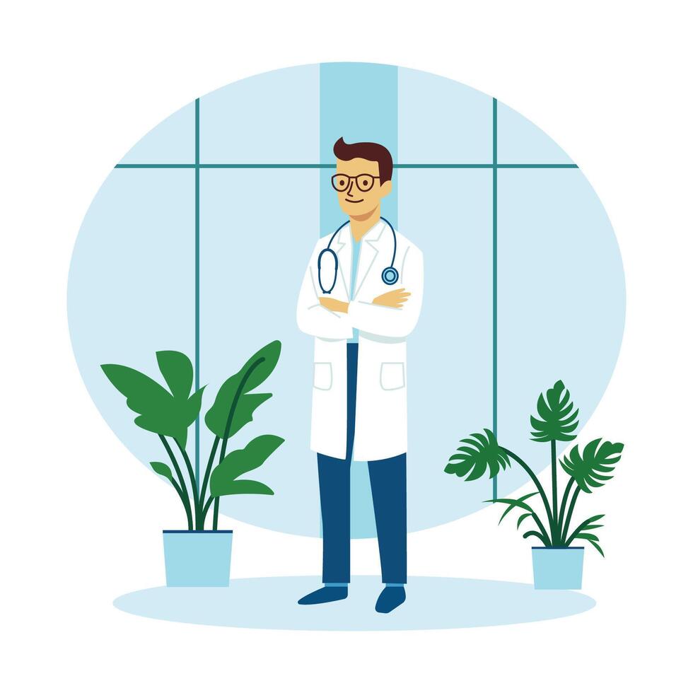 Man Doctor Character Crossing Hands While Smiling with Leaves Floral Plants vector