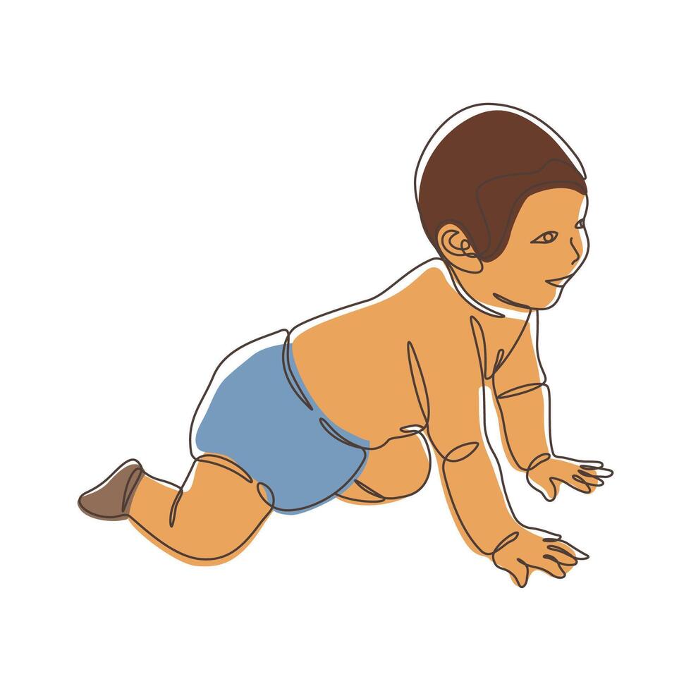 Cute Newborn Baby Cartoon Character Crawling in Line Art Doodle Design vector