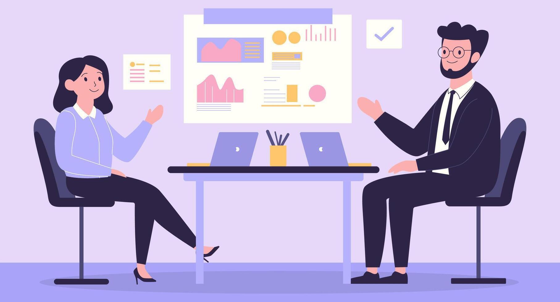 Flat Design Illustration of Business Meeting at office with Infographic on Screen vector