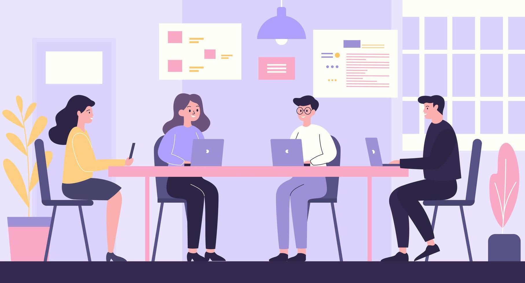 Flat Design Illustration of Teamwork Business Meeting Briefing at office with Infographic on Screen vector