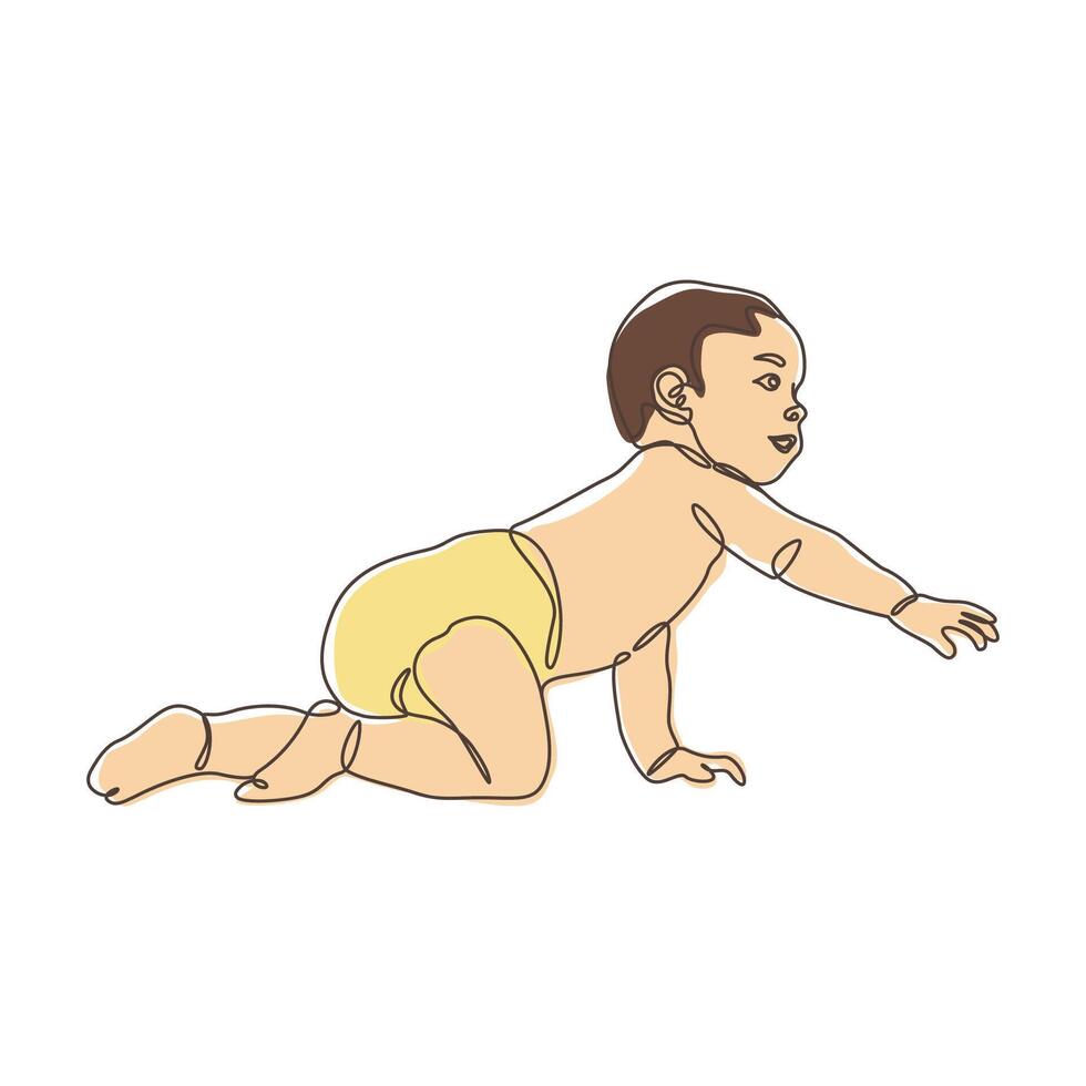 Funny Kid Baby Cartoon Character Crawling in Line Art Doodle Design vector