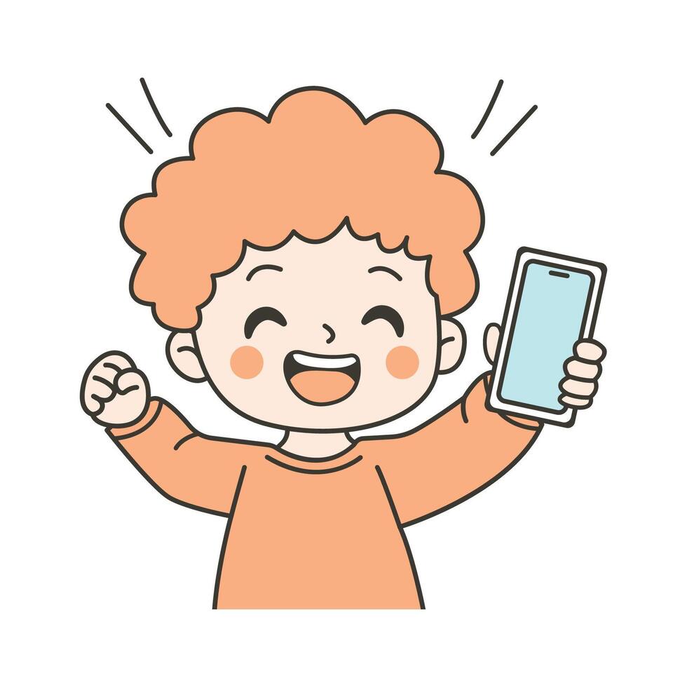 Cute Curly Haired Kid Boy Character Holding Gadget with Happy Expression vector