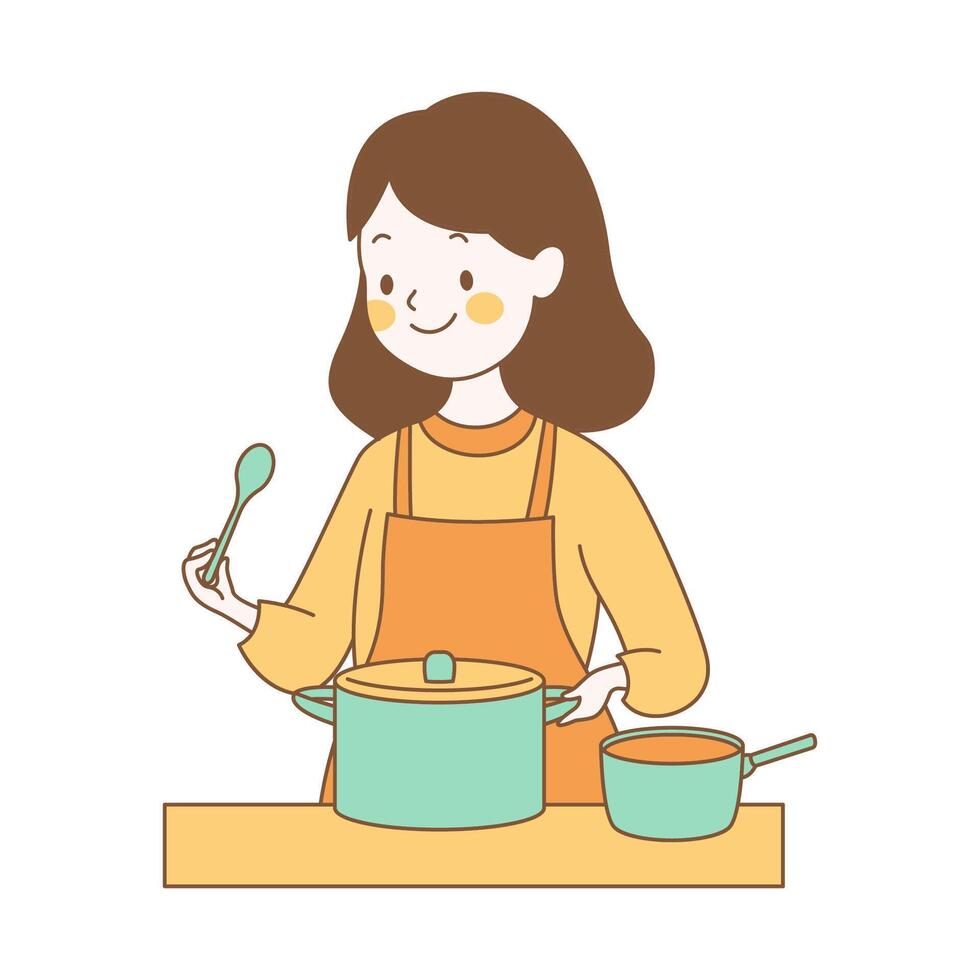 Cute Girl Cartoon Character is Cooking with Pan in Kitchen with Smile Expression vector