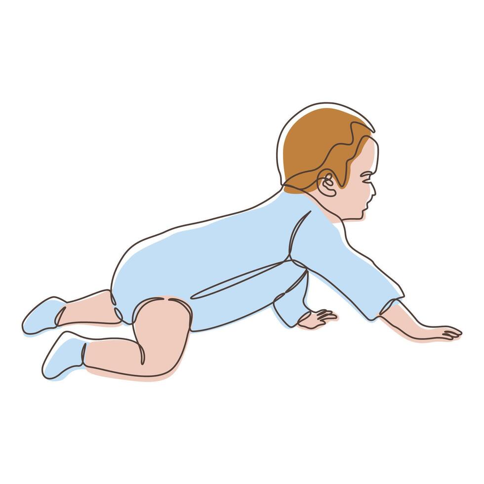 Cute Newborn Baby Character Crawling in Line Art Doodle Design vector