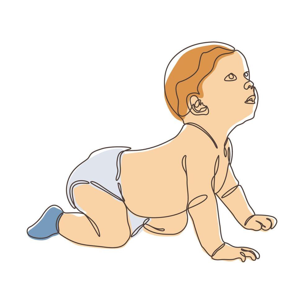 Cute Newborn Baby Cartoon Character Crawling in Line Art Doodle Sketch vector