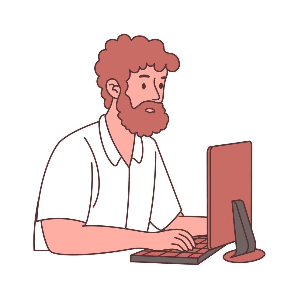 Bearded Male Freelance Employee Cartoon Character Working with Computer vector