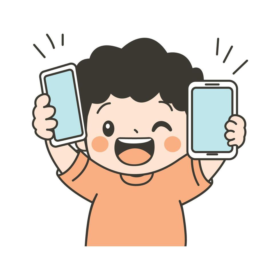 Cute Curly Haired Child Boy Character Holding Gadget Handphone with Happy Expression vector