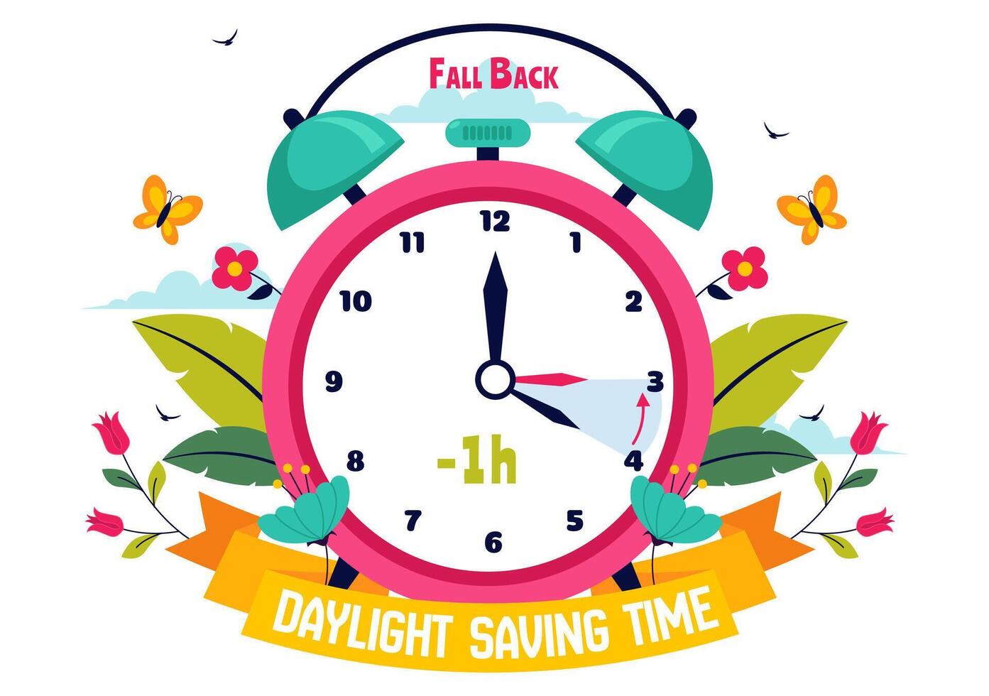 Illustration of Daylight Saving Time Adjustment with Alarm Clock in Seasonal Change Theme vector