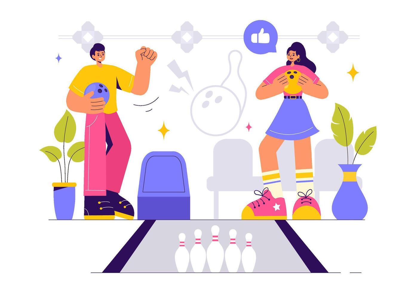 Sporty of Bowling Game in Cartoon Style with Lively Pins and Players vector