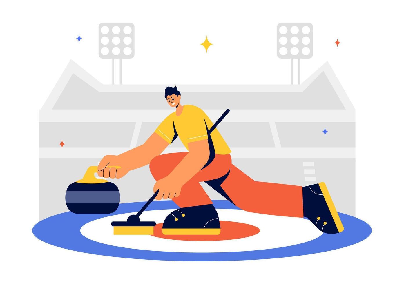 Curling Game Art with Rocks, Brooms, and Ice Rink in Flat Style Background vector