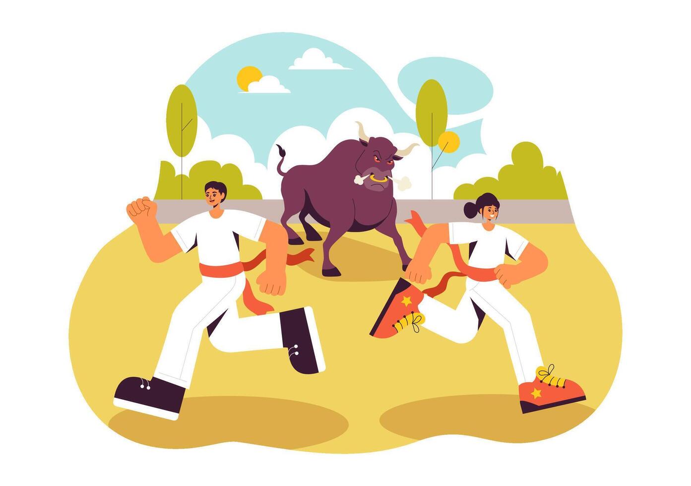 Running of the Bulls Scene Featuring a Bull Chase in a Flat Cartoon Arena vector