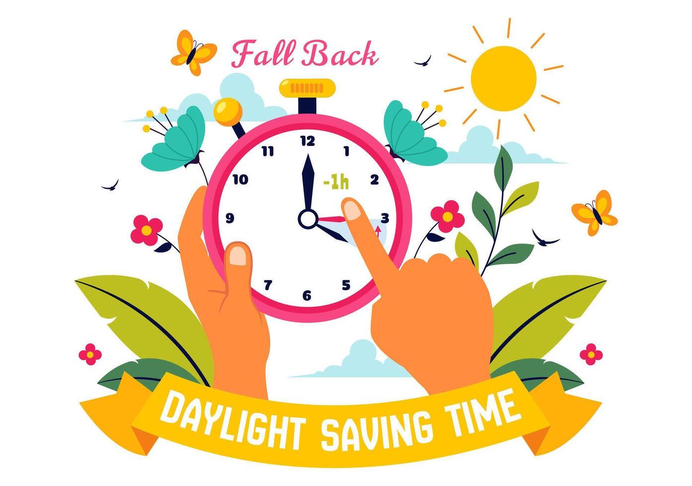 Daylight Saving Time Cartoon Illustration Featuring Clocks and Calendars Marking Fall Back vector