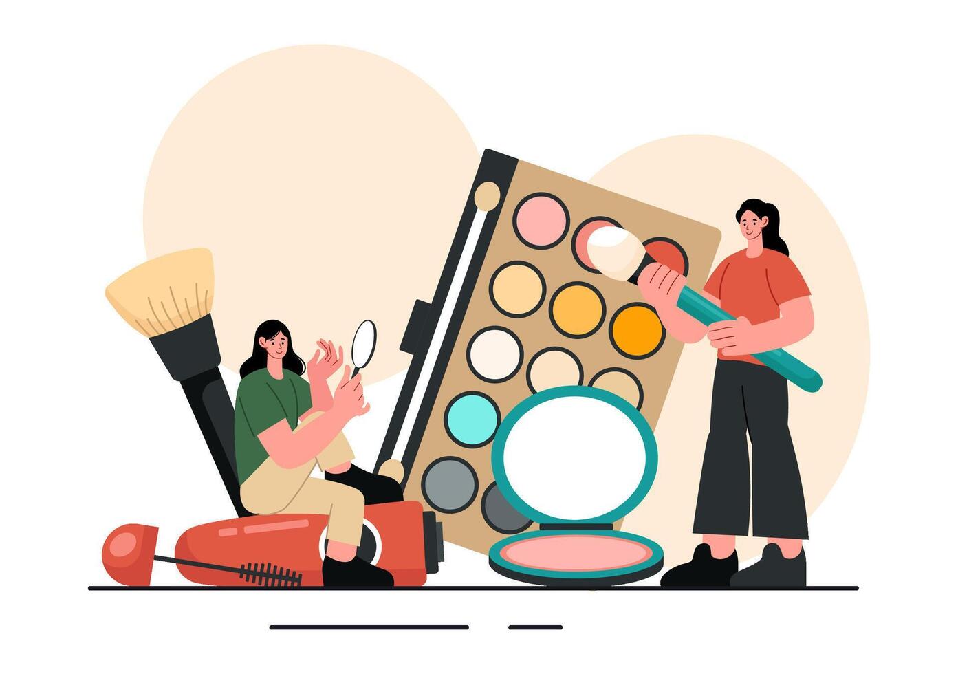 Makeup Academy Illustration with Students and Beauty Products in a Cartoon Background vector