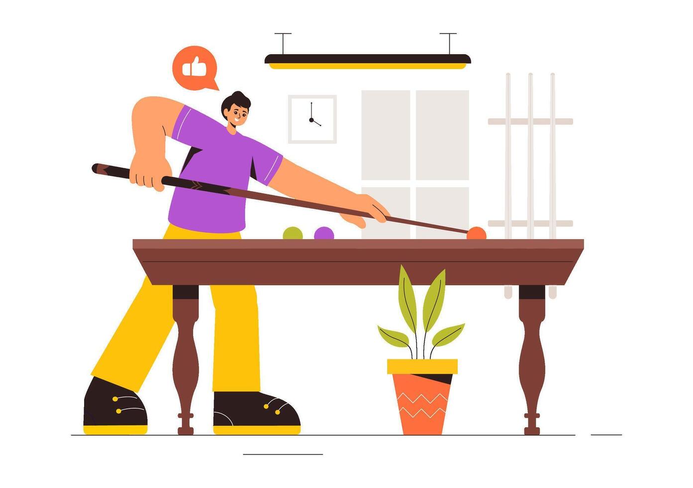 Billiard Room Illustration with Player, Cue Stick, and Balls in Flat Cartoon Background vector