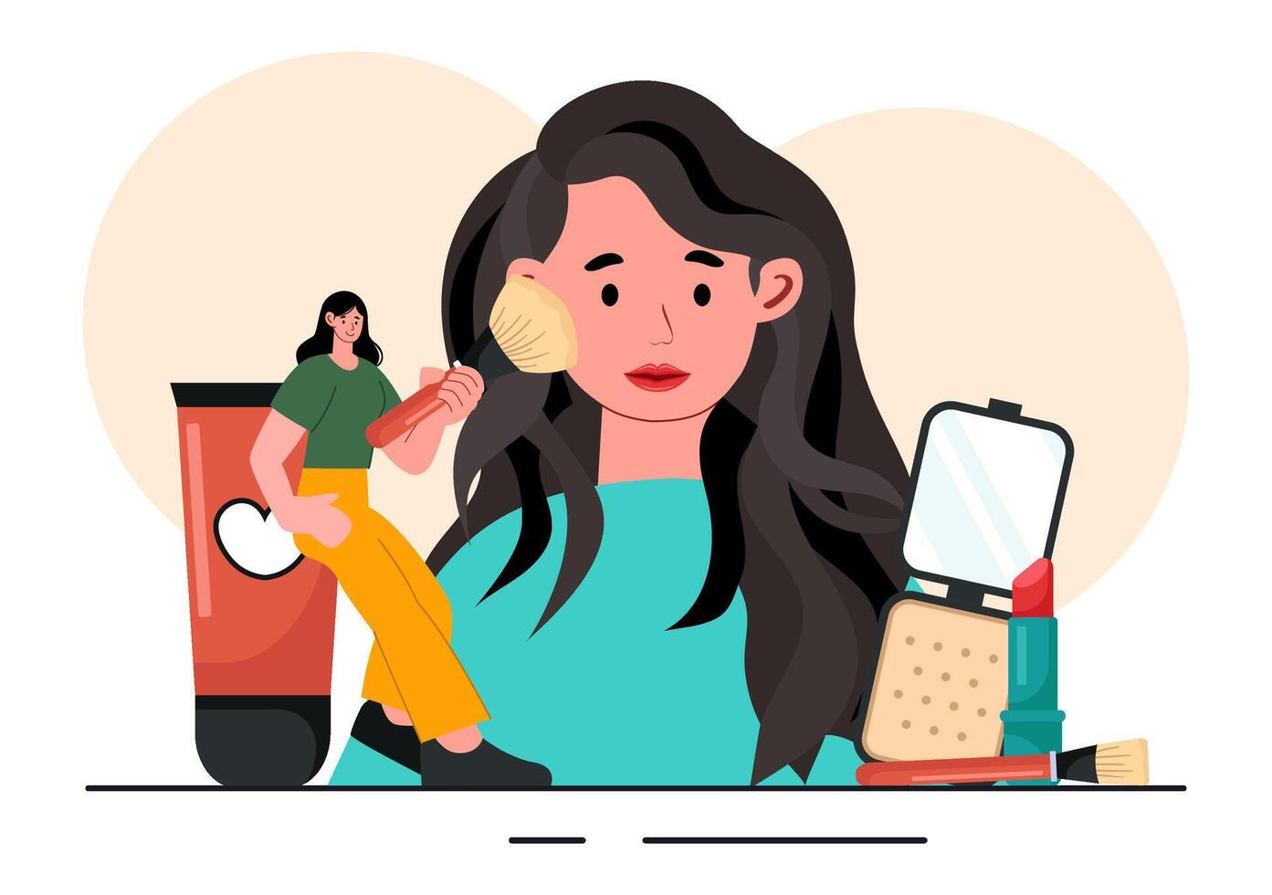 Illustration of a Beauty School with Girls Using Cosmetics in Flat Style vector