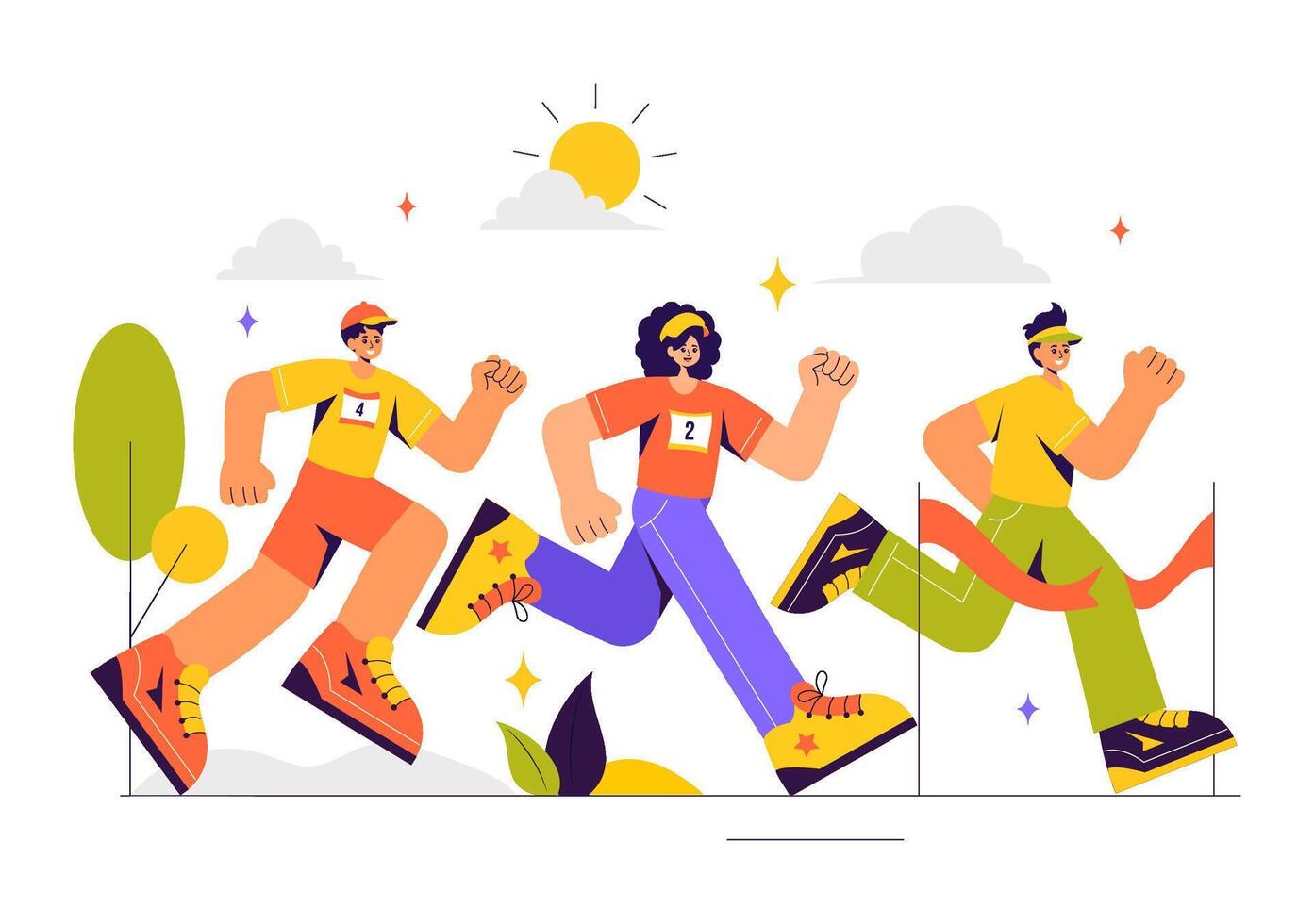 Art of Marathon Athletes Striving to Win the Race with a Colorful Flat Cartoon Background vector