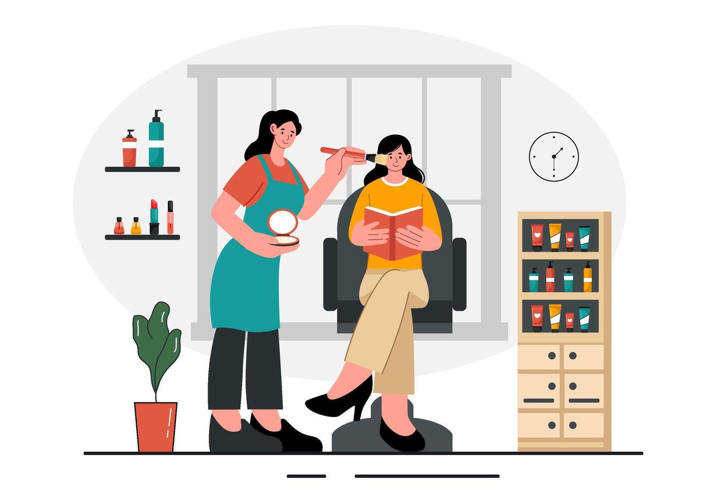 Beauty Workshop Illustration with Makeup Products and Students in a Flat Cartoon Style vector