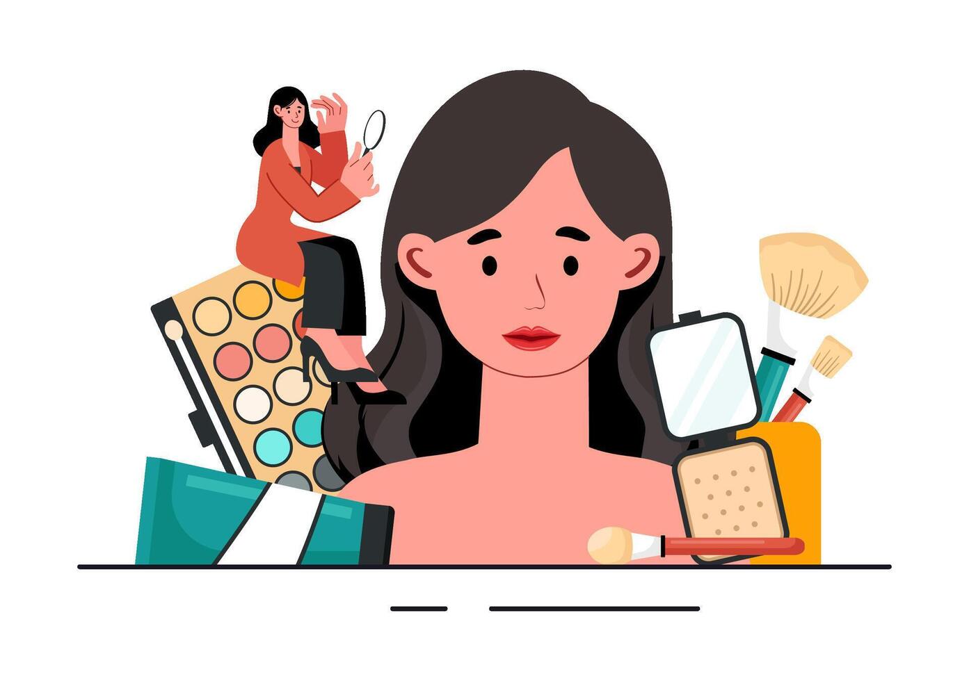 Beauty Training Illustration of Girls Learning to Apply Makeup in Flat Cartoon Style vector