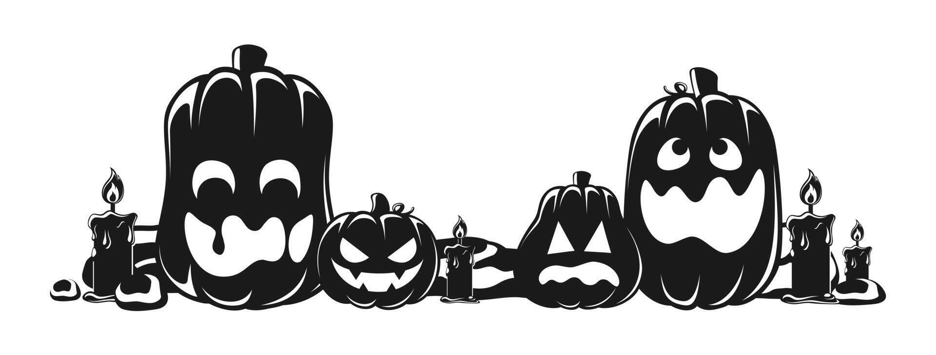 Glowing Jack O Lanterns Bottom Frame Border, Cute Fun Halloween Pumpkins, Creepy Spooky Scary Decorations vector