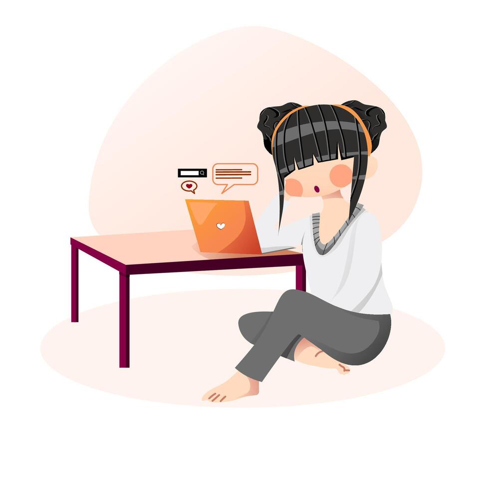 Girl work from home with lapto vector