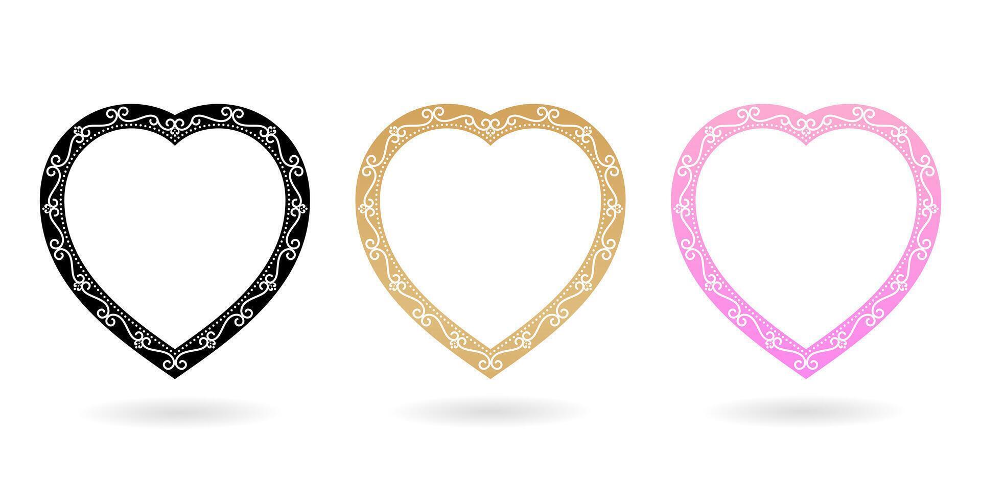 three Set love hearts frame with ornament on a isolated white backgrounds for accessories, invitation birthday cards, gift paper, screen printing glass, Branding or identity campaigns, Stationery gift vector