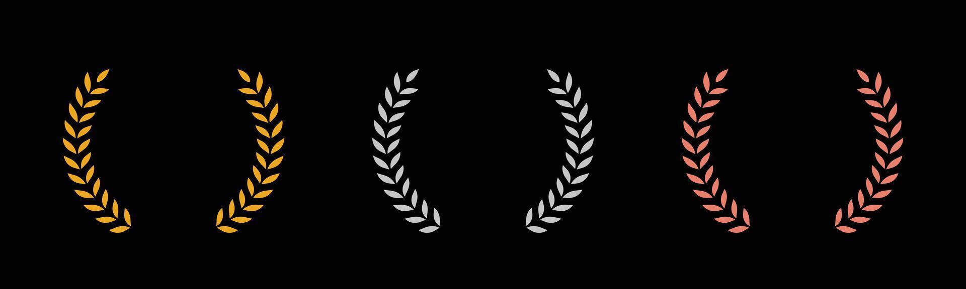 Laurel wreath of victory icon, set of gold, silver, and bronze medals on black background, laurel frame ranking decoration. illustration vector
