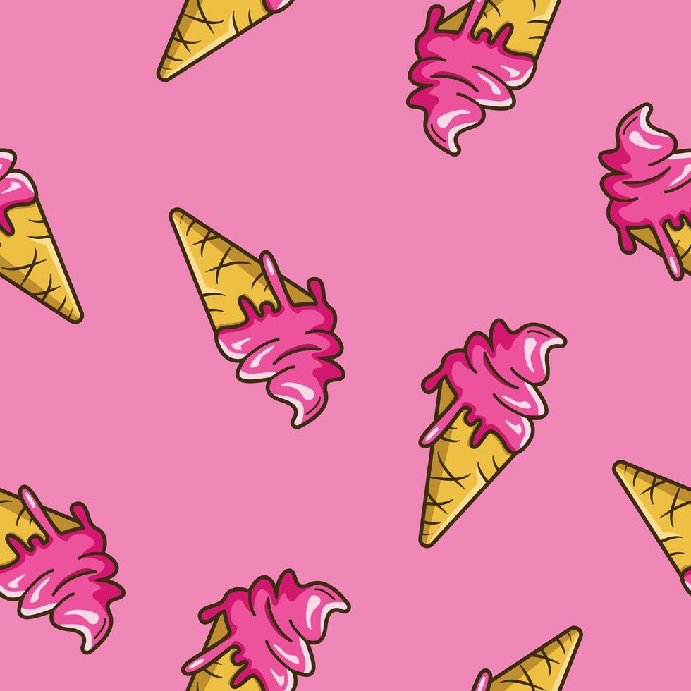 Cute seamless pattern with hand drawn ice cream. Pink melted ice cream motif wallpaper illustration vector
