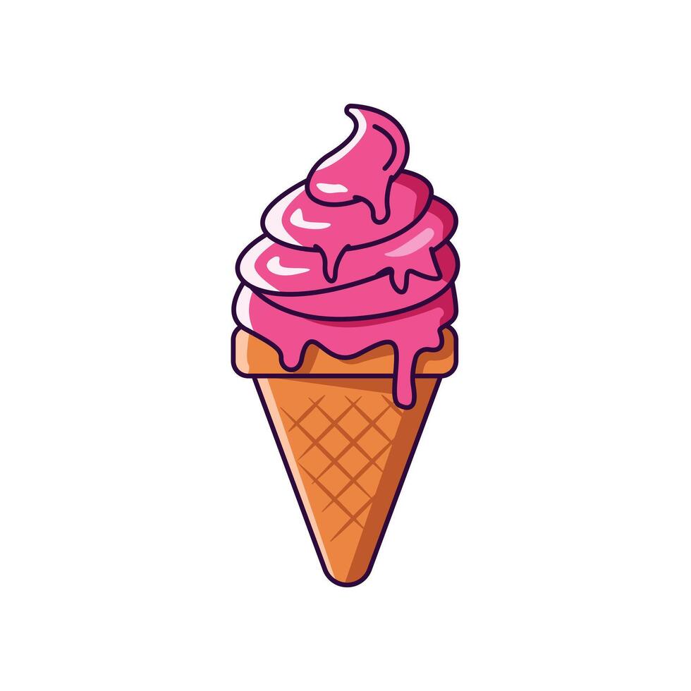 Cute melting pink ice cream cartoon with waffle cone isolated on white background. vector