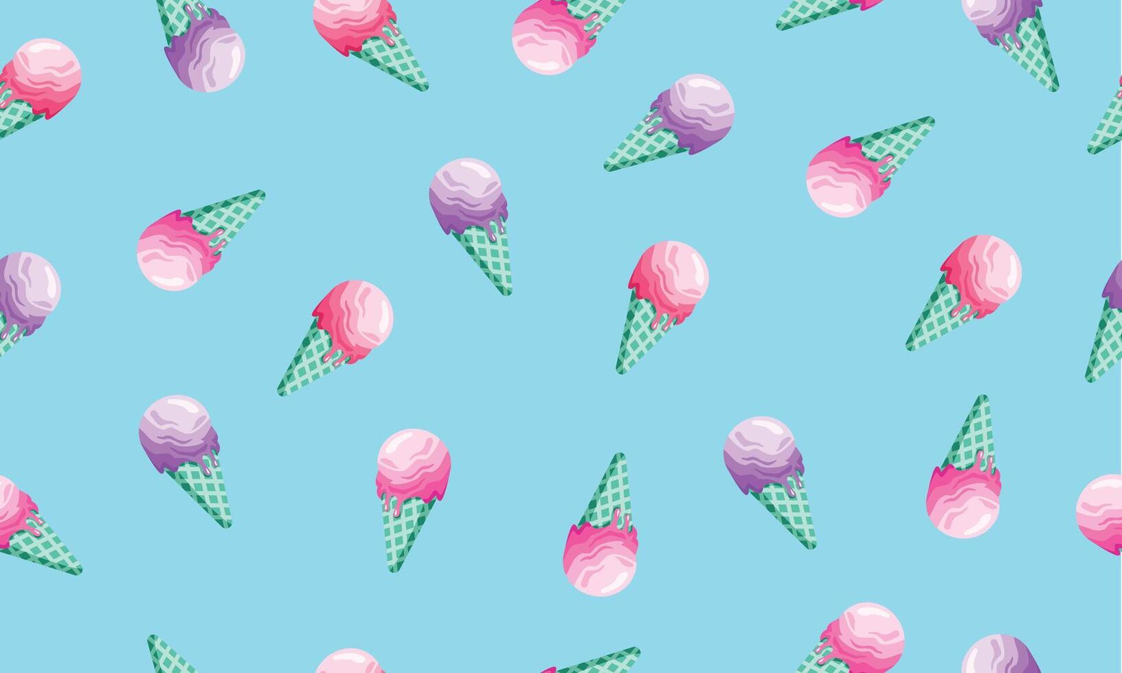 Ice cream cones on blue background. Cute seamless pattern with hand drawn ice cream. Pink and purple melted ice cream motif horizontal wallpaper illustration vector