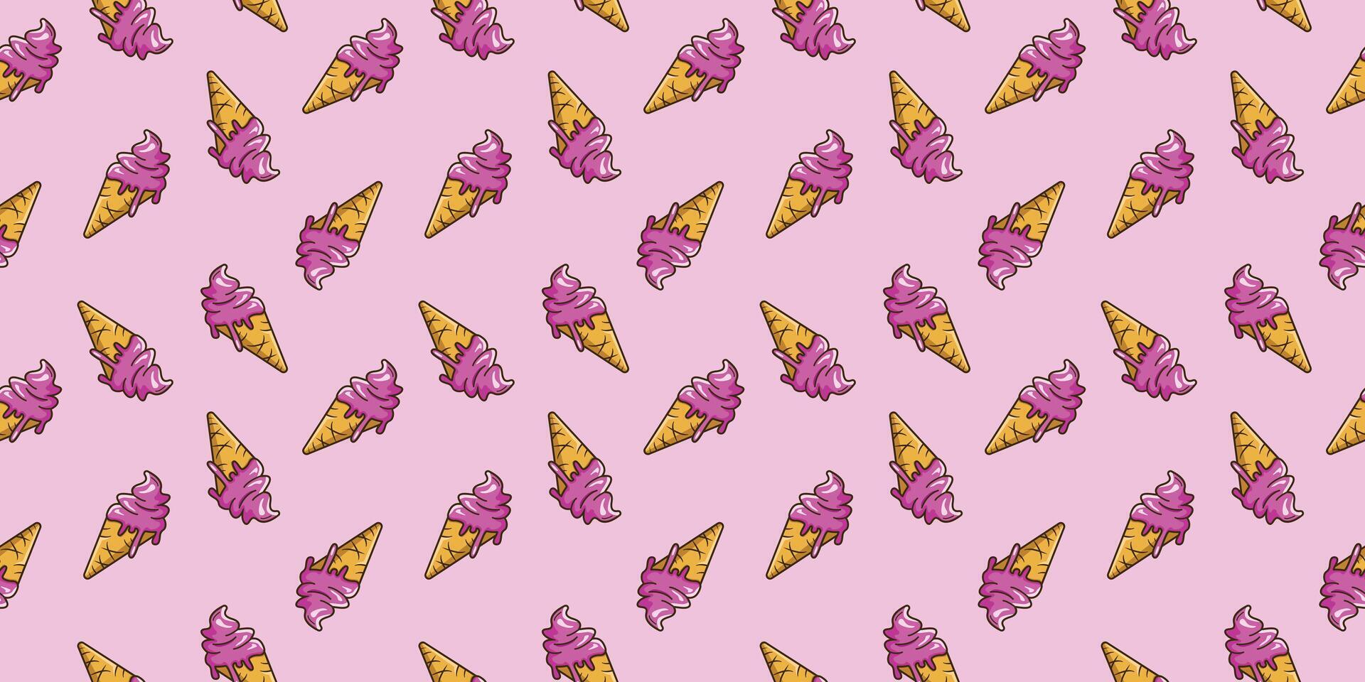 Cute seamless pattern with hand drawn ice cream. Pink melted ice cream motif horizontal wallpaper illustration vector