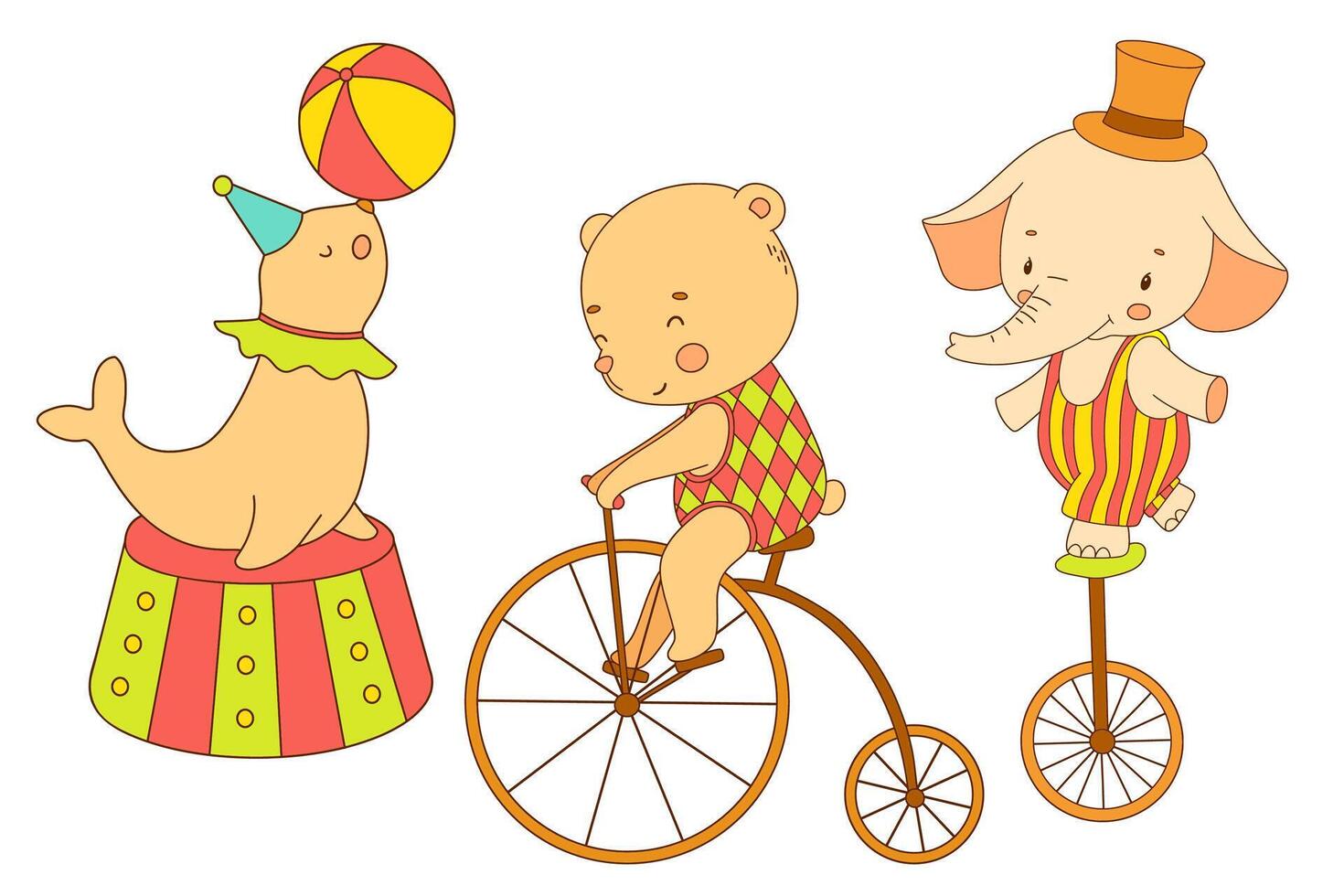 Cute circus bear and elephant on bike. Funny animals. Hand drawn color illustration for kids vector