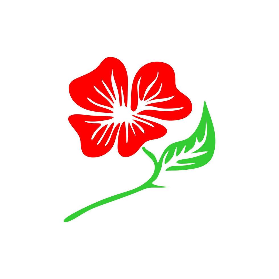 simple red flower with green stem and leaves vector