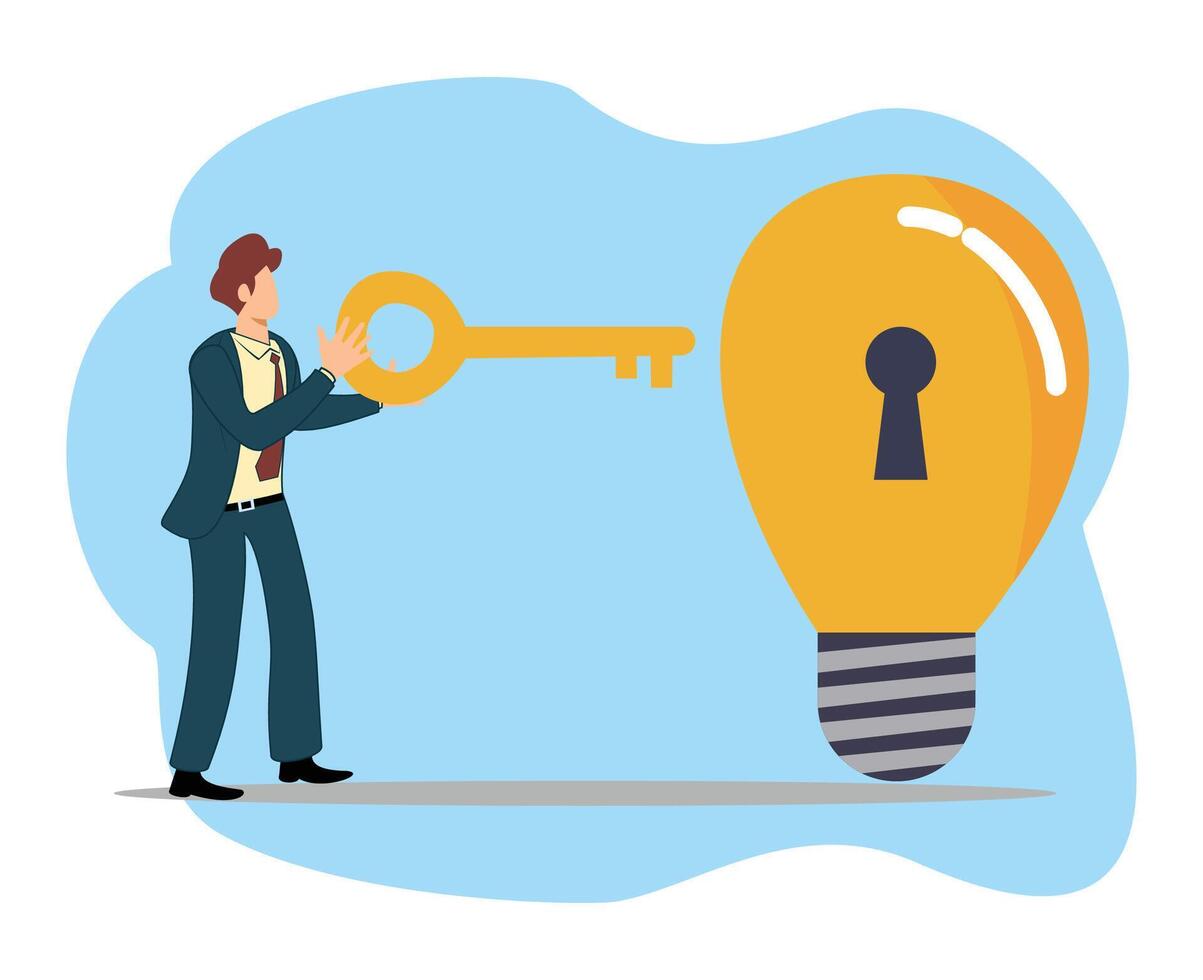 smart businessman holding golden key about to insert into key hold on lightbulb idea lamp vector